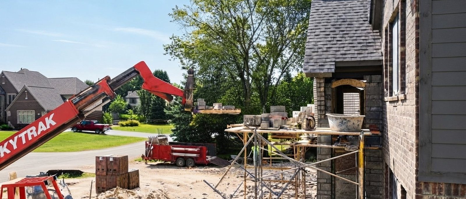 Telehandler lifting masonry to scaffolding at a home under construction