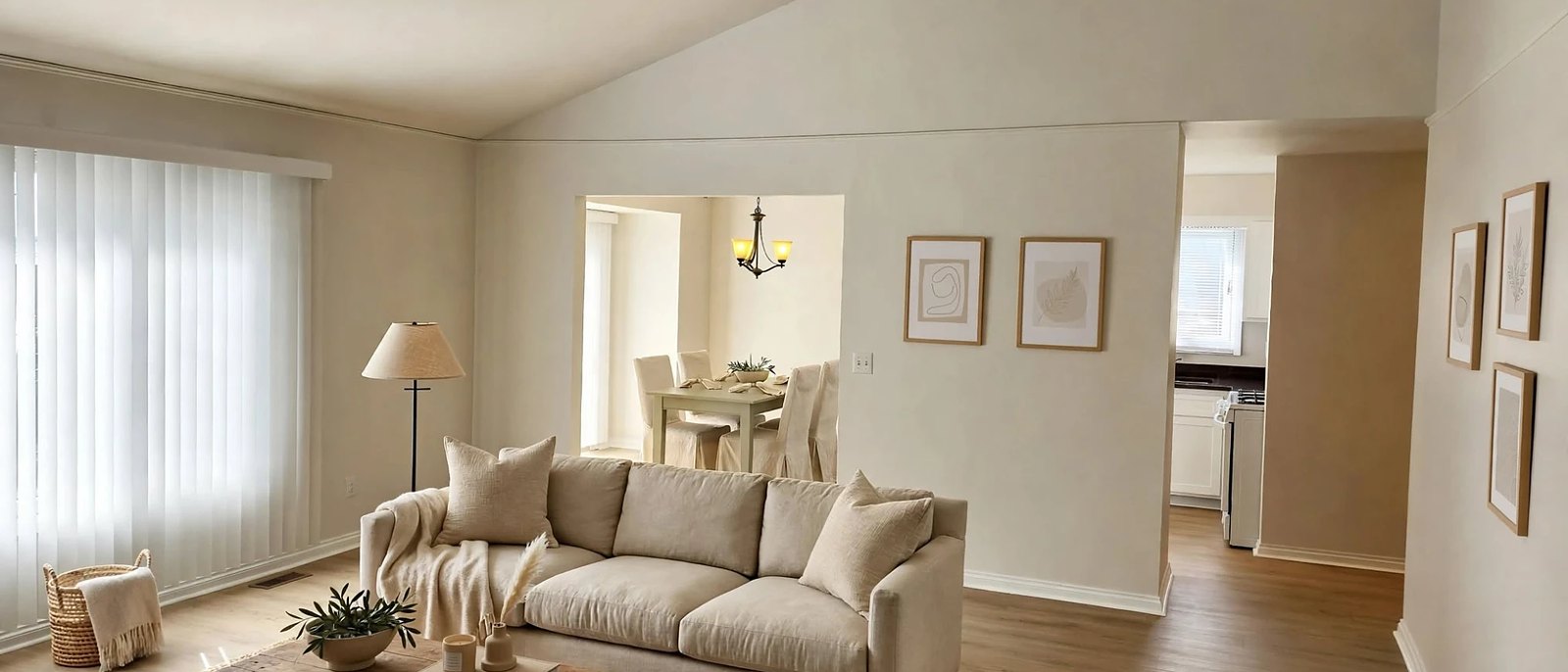 Staged living room with vaulted ceiling and dining area